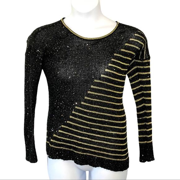 Anthropologie Escio Asymmetrical Metallic Gold and Black Sequined Sweater Small - Picture 2 of 12